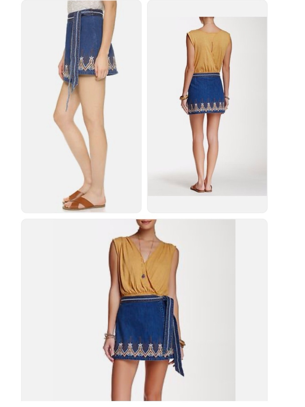 Free People “Dream Away Hendrix” Embroidered Denim Wrap Mini Skirt w/ Waist Tie - Picture 6 of 7